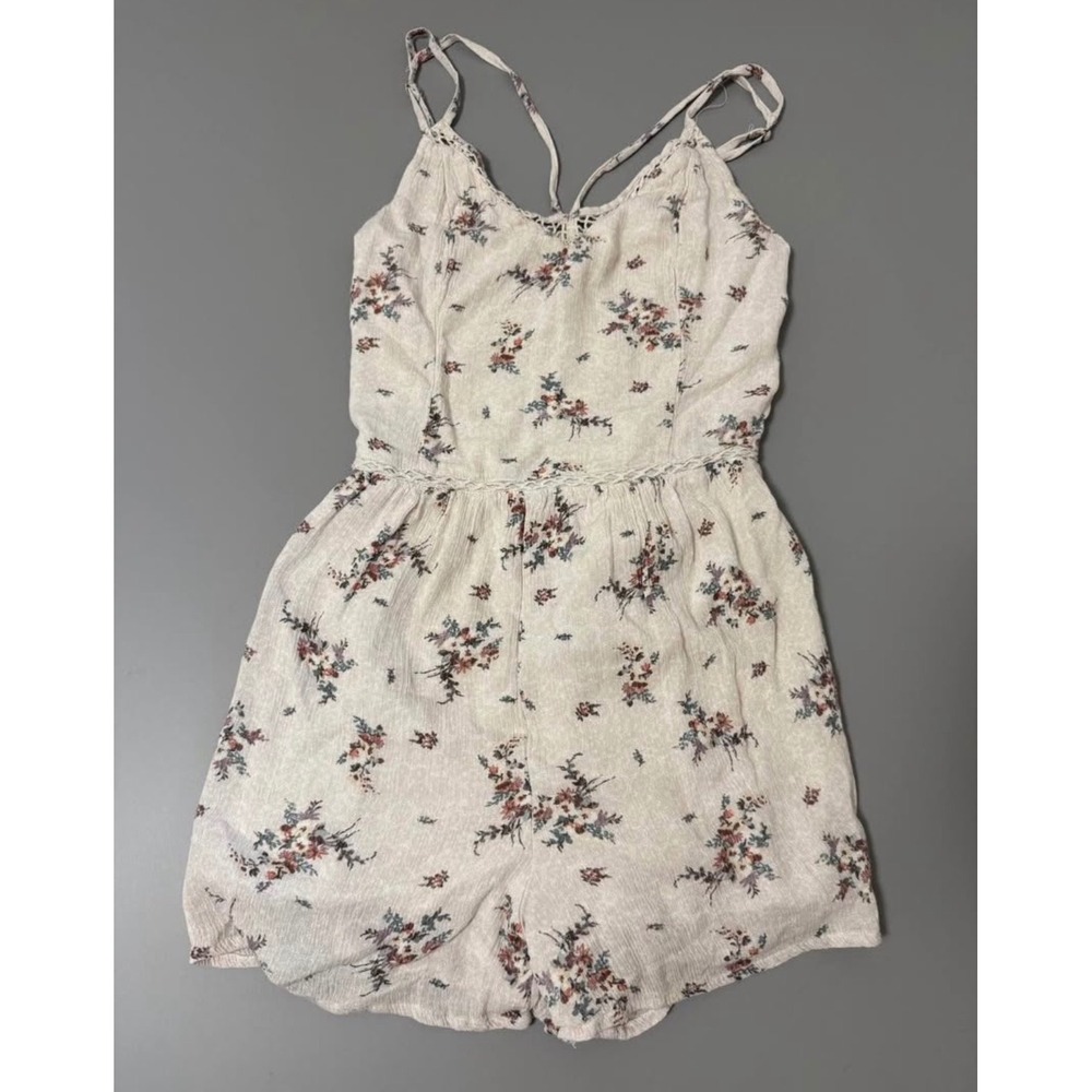 Hollister Womens Floral Sleeveless Romper Cream Boho V-Neck Small